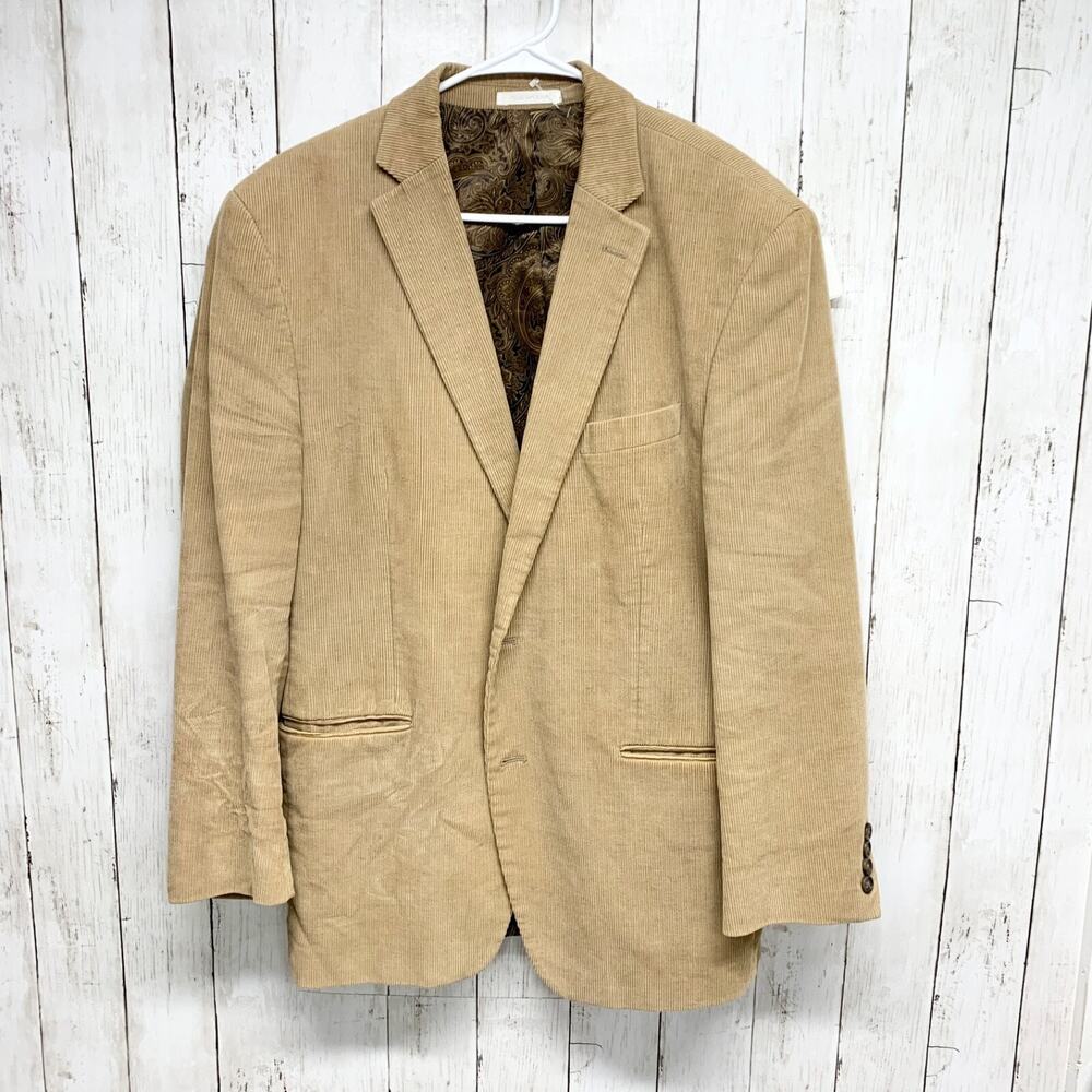 Chaps Jacket Mens Two Button Single Breasted Tan‎ Corduroy Paisley Print Lining